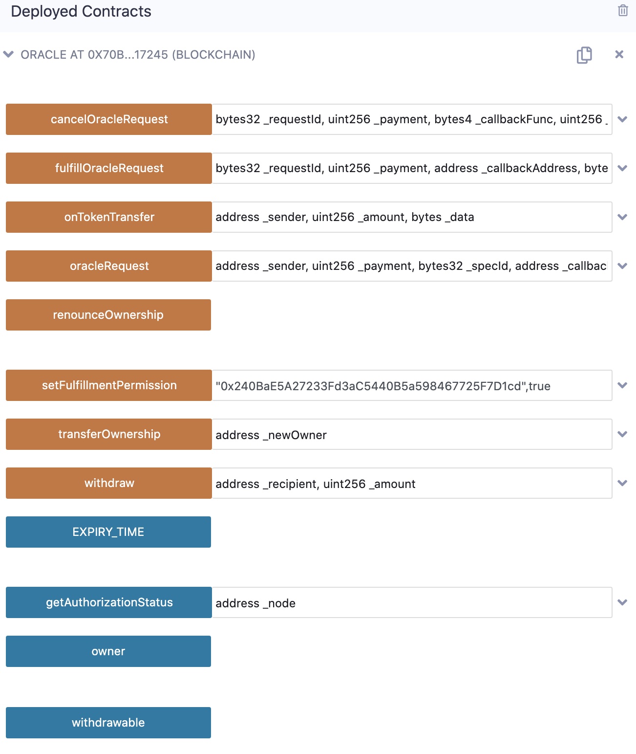 A screenshot showing all of the fields for the deployed contract in Remix.