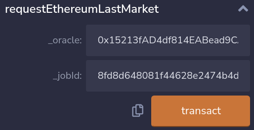 Screenshot of the requestEthereumLastMarket function with the oracle address and job ID specified.